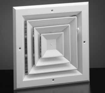 ) 6 X 14 X MS OB Ceiling Diffusers T-Bar Panel available (see page 34) A504MS/A504OB Square Ceiling Diffuser Extruded aluminum construction Cores flush with margin Four-way air diffusion Face