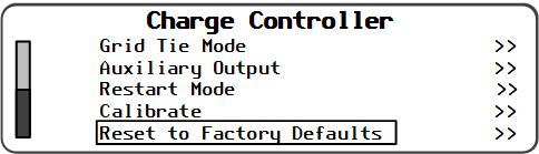 If <No> is selected, the screen returns to the Charge Controller menu. No changes will be made to any settings.
