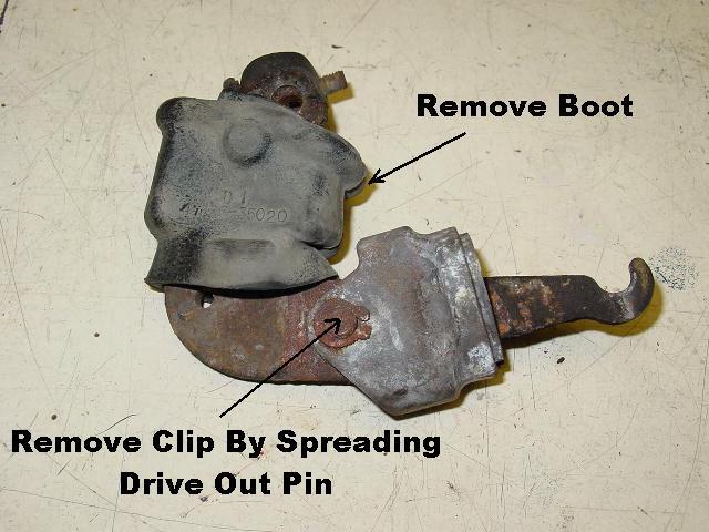 8) Fig. 7 Part to be serviced Fig. 8 Remove the boot Remove the U clip from the pivot pin. Use two screwdrivers to spread the clip.