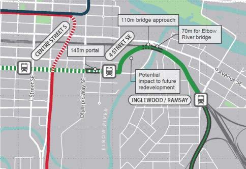 The Four Short-listed Options Option 1 North of the Victoria Park Transit Centre (VPTC) The team began by exploring a surface alignment on 12 Avenue S that would turn north and skirt around the