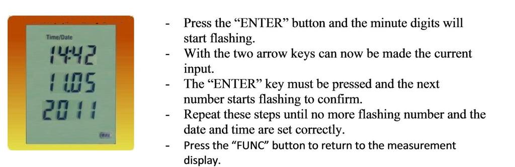 3.7 DATE / TIME To display the time and date, the FUNC button must be pressed. To make changes, follow these steps: 3.