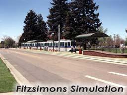 The alignment returns to the median of I-225 and continues to Colfax Avenue where it turns west to serve the Fitzsimons redevelopment area.