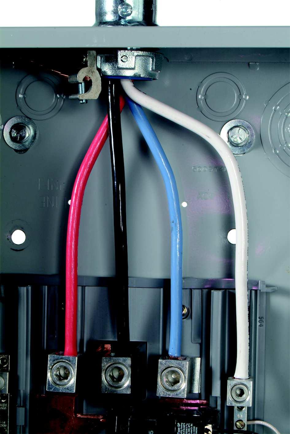 23. Make sure the setscrews on the feeder circuit breaker terminals, MDP neutral/ground bus, and bushing with bonding jumper are well-tightened to ensure solid connections of the conductors.