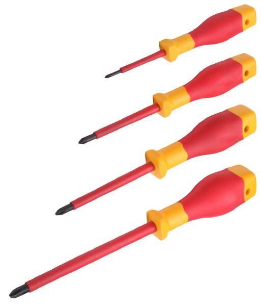 INSULATED SCREWDRIVERS Blade made in S2 material, with black finish surface Grip and sleeve manufactured according to EN 60900 standard Tip type shown by endcap Blade made in S2 material, with black