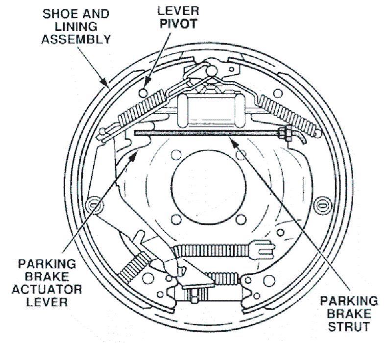 Drum Parking Brake (Duo-Servo) To operate the drum parking brake (Figure 1-12): 1. The cable pulls the parking brake actuator lever inside the brake drum. 2. The lever moves one brake shoe outward. 3.