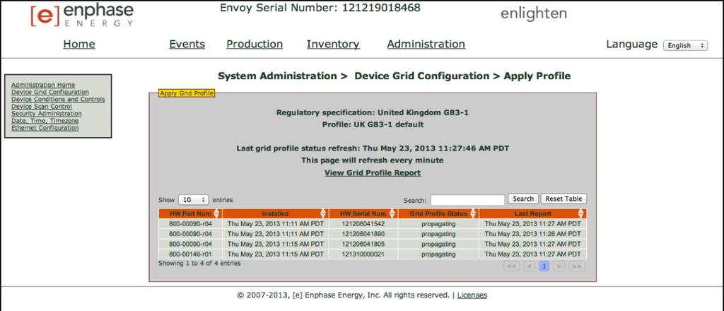 14. Click Apply Grid Profile. This propagates the settings to the microinverters. The Apply Profile screen appears. This screen shows the Grid Profile Status for each microinverter.