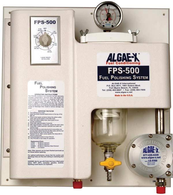 Fuel Polishing System FPS-500 / FPS-750 ALGAE-X The FPS is a Three Stage Fuel Polishing System: Stage 1: The ALGAE-X Fuel Conditioner reverses the process of fuel deterioration, buildup of tank
