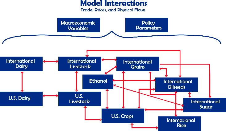 The modeling system captures the biological, technical, and economic relations among key variables within a particular commodity and across commodities.