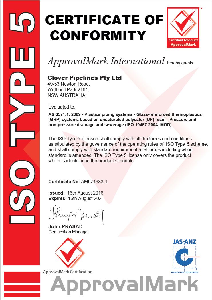 TECHNICAL DATA Certifications & Appraisals Clover Pipelines supports a comprehensive quality assurance program and maintains an ISO 9001:2008 accreditation.