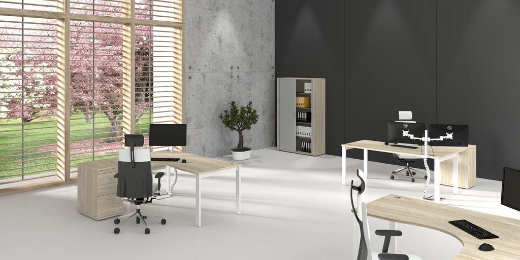 JAPANESE SPRING Desking: Storage: Chair: Accessories: Crescent Desk Right & Left Hand 1800 x 1200mm open leg with Desk High Pedestal. Arctic Oak panel and White metal work.