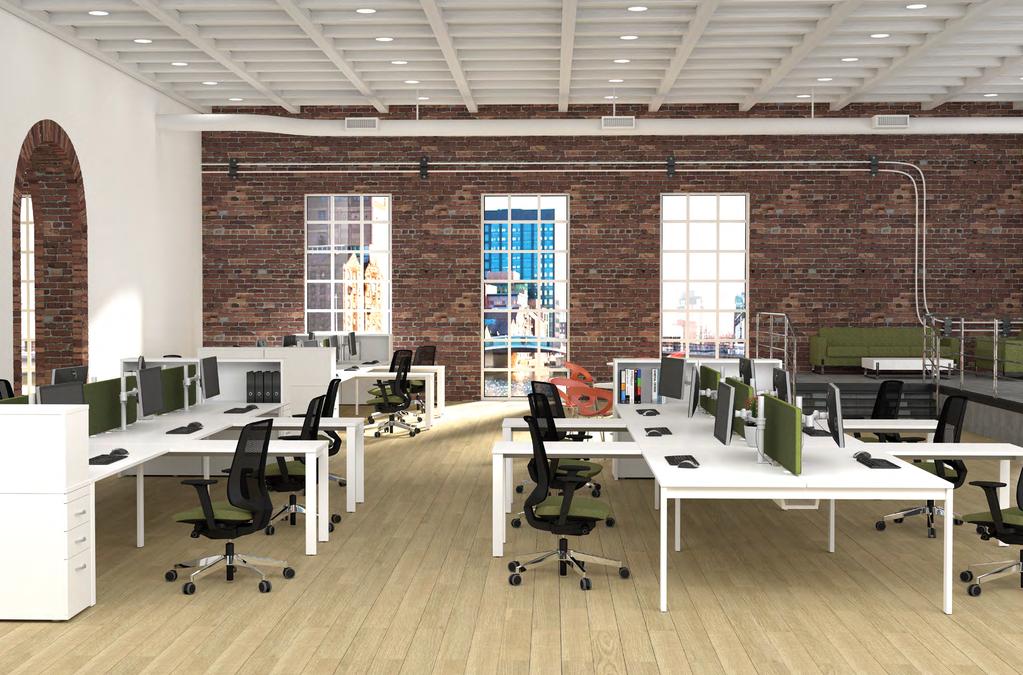 OLD WAREHOUSE DUBLIN Desking: 6 Person (2000 x 800mm per top) open leg bench with integrated return desk (1000 x 600mm) between users. White panel and White metal work.