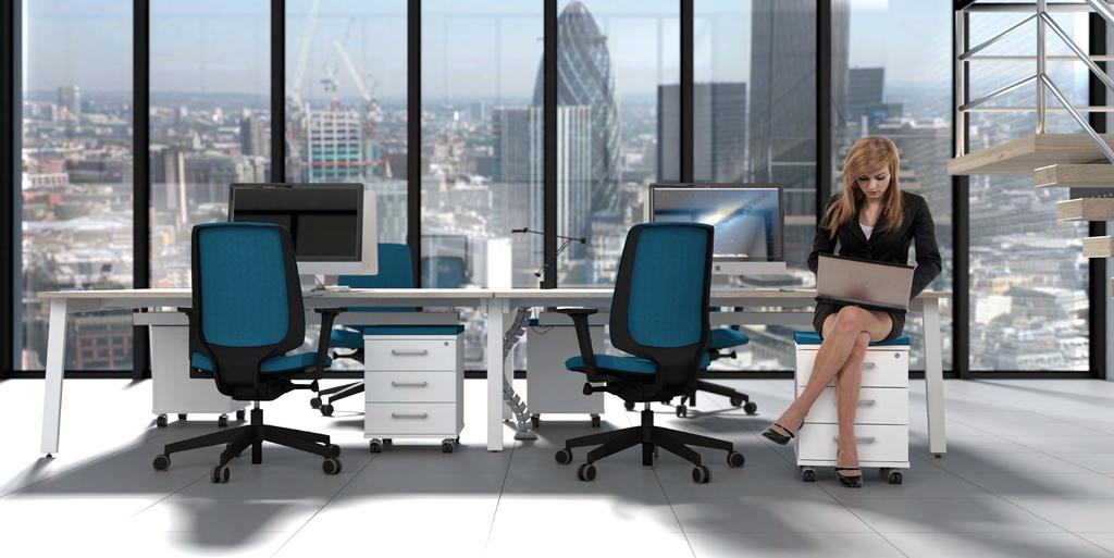 10 LONDON SKYLINE/ 11 Desking: 4 Person (2000 x 800mm per top) A-frame leg bench with heavy duty cable tray. Grey Craft Oak panel and White metal work.