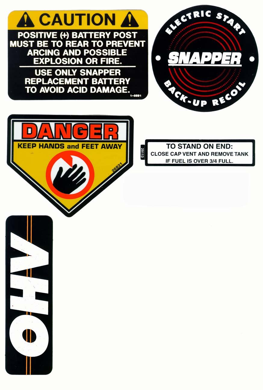 DECALS (Series 18) 12 11 1 1 2-36 DECAL, 28 Inch 2 2-3 DECAL, 30 Inch 3 2-21 DECAL, 33 Inch 2-02 DECAL, Auto Blade Stop -620 DECAL, Chute/Deflector Warning 6-60 DECAL, Safety Instructions -126 LOGO,