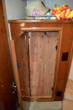 Guest Stateroom Storage Privacy door, cherry Cedar lined hanging locker w/ mirrored Twin berths with