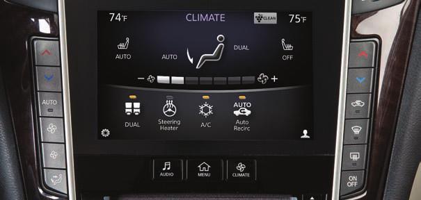 The climate controls can be adjusted using the buttons on either side of the lower display or through the CLIMATE screen on the lower display.