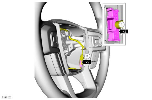 NOTE: High series shown, others similar. 1. Remove the driver airbag. Steering Wheel Multifunction Switch Removal 2. 1. On both sides, disconnect the electrical connector.
