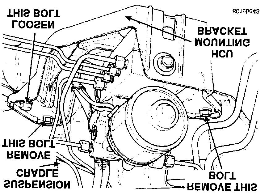-7-19-05-98 FIGURE 7 FIGURE 8 6. Remove both of the tie rod ends from the steering knuckles using Special Tool MB- 990635 or MB-991113 (Figure 8). 7. Remove the 2 bolts and loosen the third that attach the Antilock Brake System (ABS) Hydraulic Control Unit (HCU) to the front suspension cradle, as shown in Figure 9.