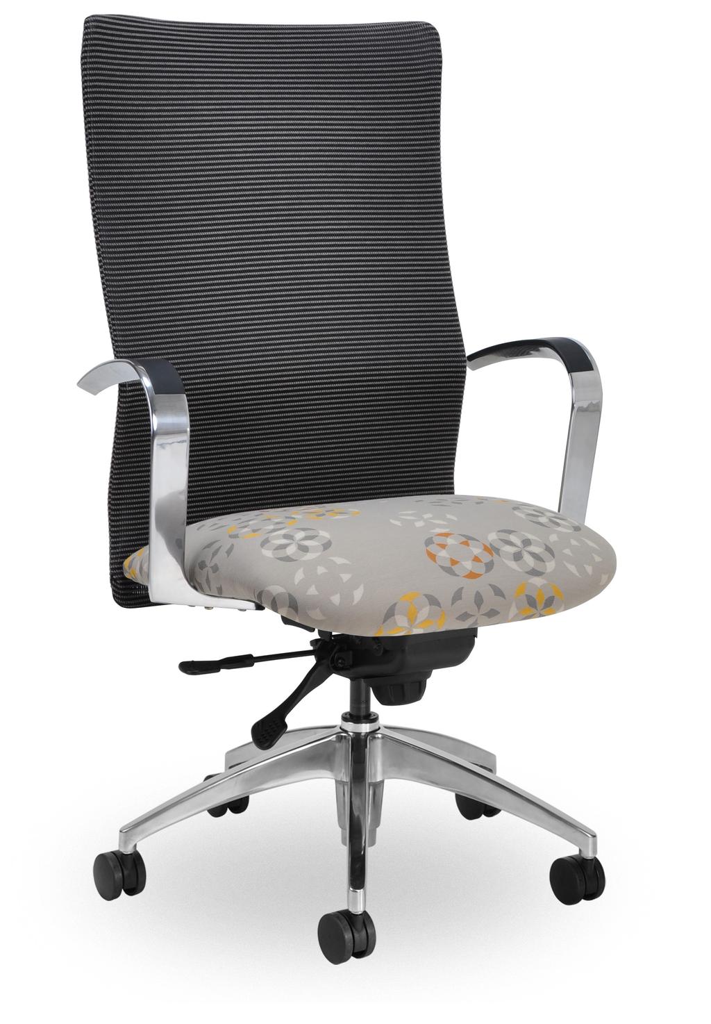 Pictured: Jay medium back work chair with polished aluminum arms, polished aluminum spider base, and upholstered back (JA201 E27 PAA