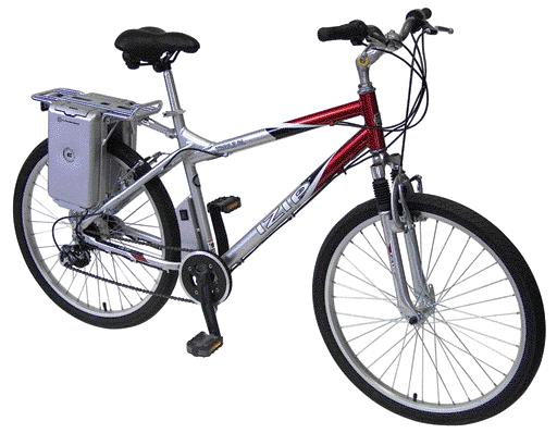 Optional 2nd battery pack pictured. Mountain Trailz AL Mountain bike styling. Clean electric hybrid with human pedal assistance Rack mounted SLA battery for easy swapping.