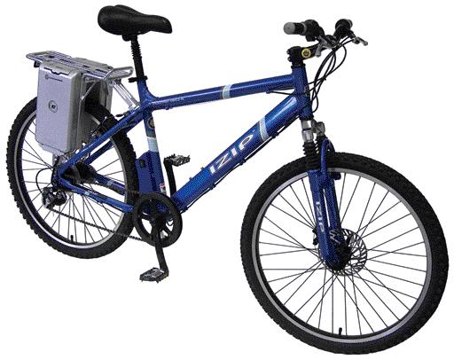 Clean electric hybrid with human pedal assistance Rack mounted SLA battery for easy swapping. Rack good for groceries or other goods including a spare battery or pannier set.