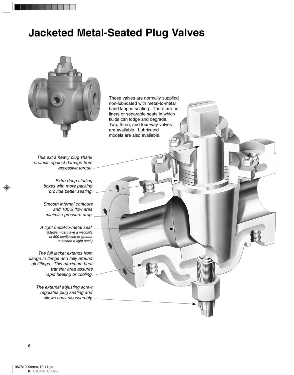 Jacketed MetalSeated Plug Valves These valves are normally supplied nonlubricated with metaltometal hand lapped seating. There are no liners or separable seats in which fluids can lodge and degrade.