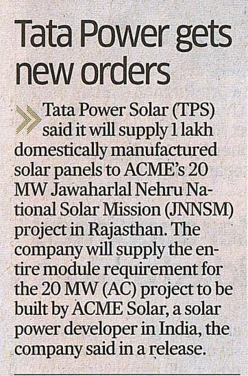 TATA POWER GETS NEW ORDERS AUGUST