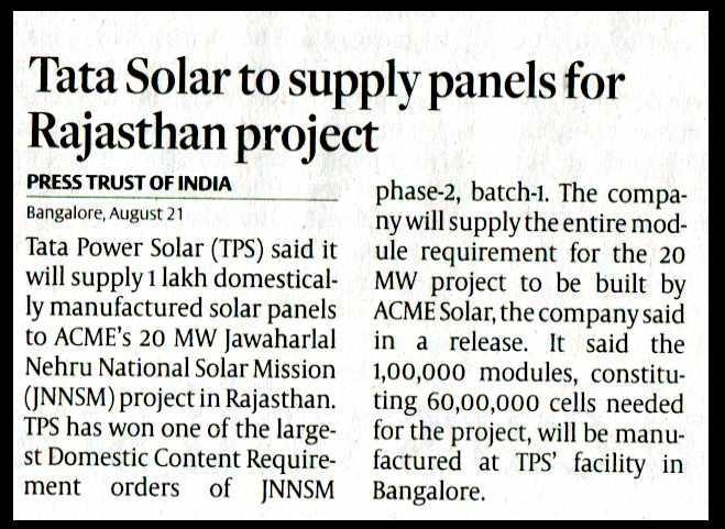 TATA SOLAR TO SUPPLY PANELS FOR RAJASTHAN