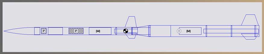Vehicle Design A Rocket design drawing with CP and CG marked (sustainer CP: 59 inches, liftoff CP: 95