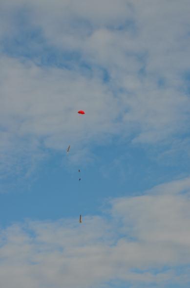The parachute was a 36 in hemispherical rip-stop nylon chute. The margin of stability was estimated at 5.2, with the center of gravity 38 cm.