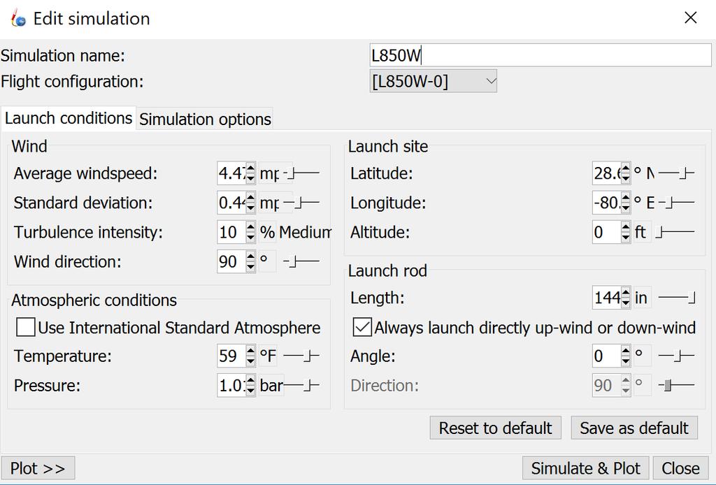 Figure 31 - OpenRocket Flight Simulation Inputs The predicted altitude from the flight simulation of OpenRocket was compared to the predicted altitude using the same inputs and rocket design in