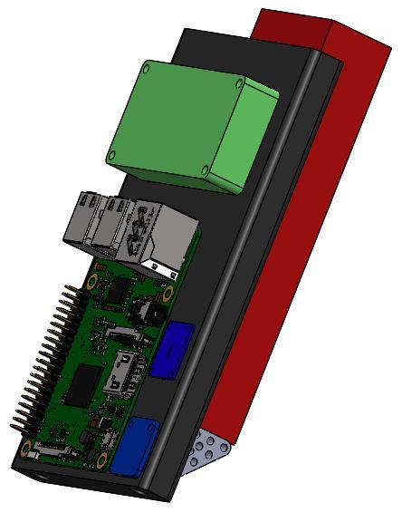 Figure 43: Electronics Subassembly The Raspberry Pi is shown on the front face. The model was found on the GrabCAD solid model database, modeled by trinityscsp [9].