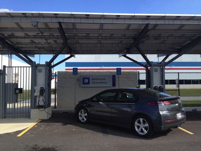 Six EV chargers provide power to a fleet of Chevy Volts.