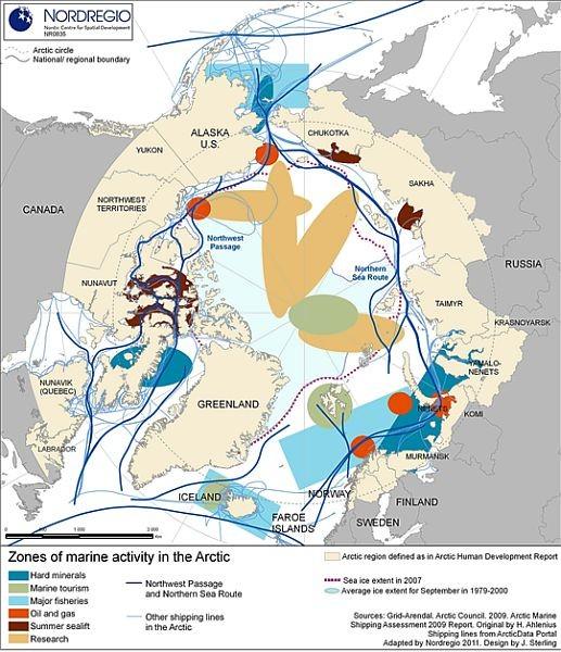 Figure 1. Prospective areas for hard minerals, oil and gas and other activities in Arctic.