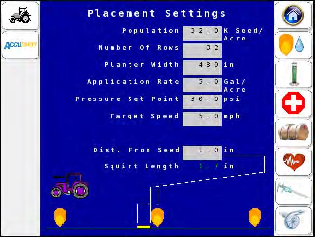 PLACEMENT Settings Use the PLACEMENT SETTINGS Screen to enter / edit the placement and location of the shot in relation to the location of the seed.