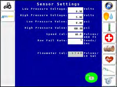 Type in the password and touch the key to enter the password and UNLOCK the screen. Defaults 1. Pressure Sensor Voltage Low = 0.5 VDC 2. Pressure Sensor Voltage High = 5.0 VDC 3.