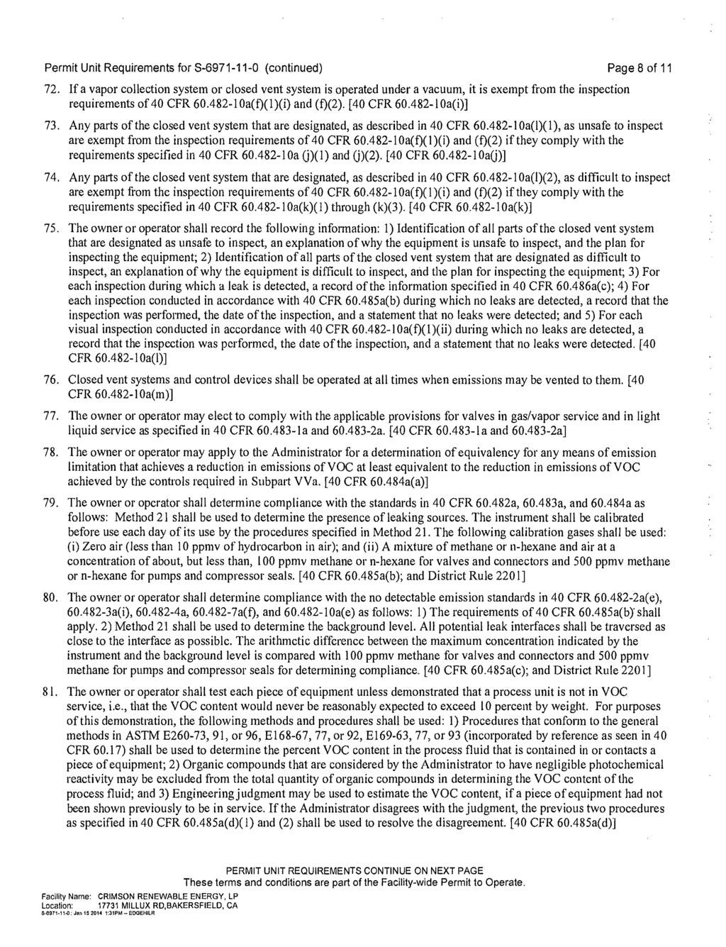 Permit Unit Requirements for S-6971-11-0 (continued) Page 8 of 11 72.