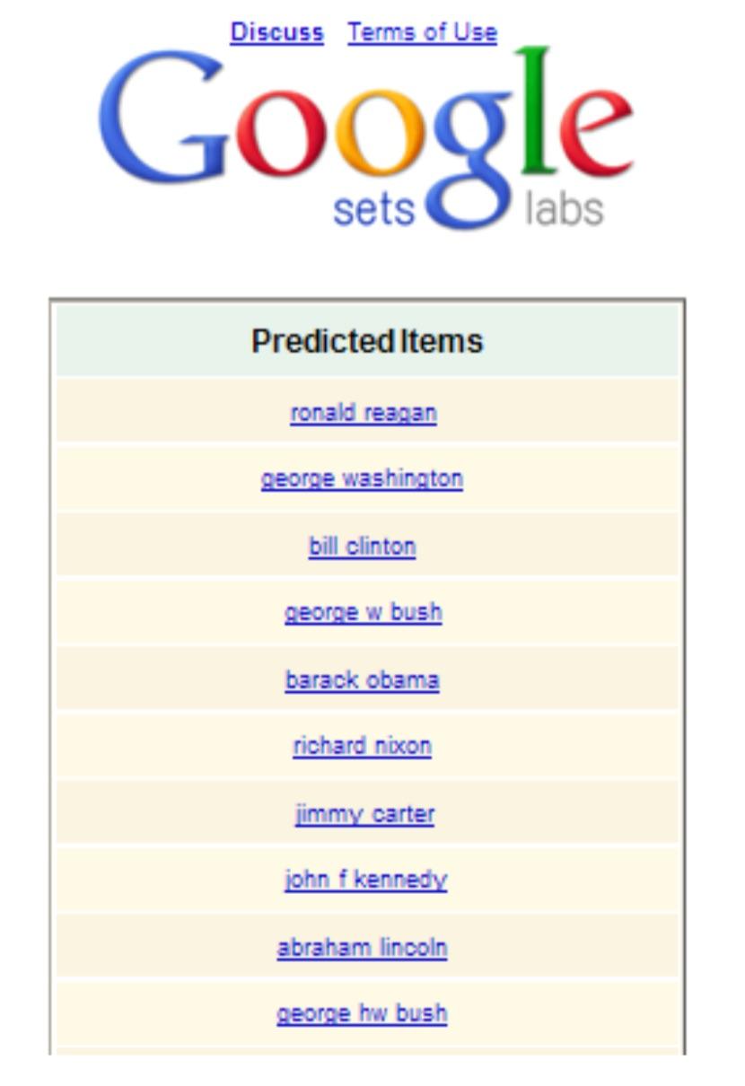 Motivation Google introduced Googlet Set. Given <George Washington>, <Richard Nixon> returned other US presidents.