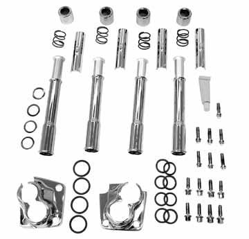 kit contains 4 chrome plated retaining clips, 4 chrome plated cups, 4 springs, 4 cork gaskets, and 4 steel washers.
