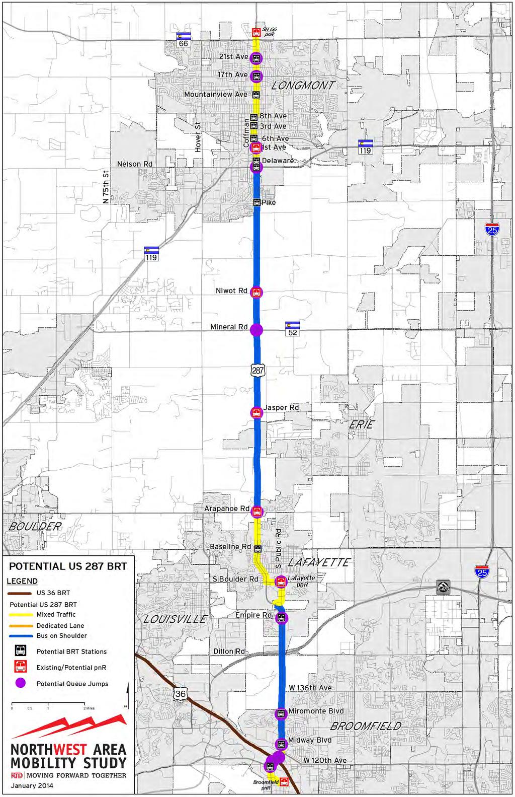 US 287 BRT AT A GLANCE Starts/Ends: US-287 / 21st Ave Park-n-Ride in Longmont to US 36 / Broomfield Park-n-Ride Length: 21.