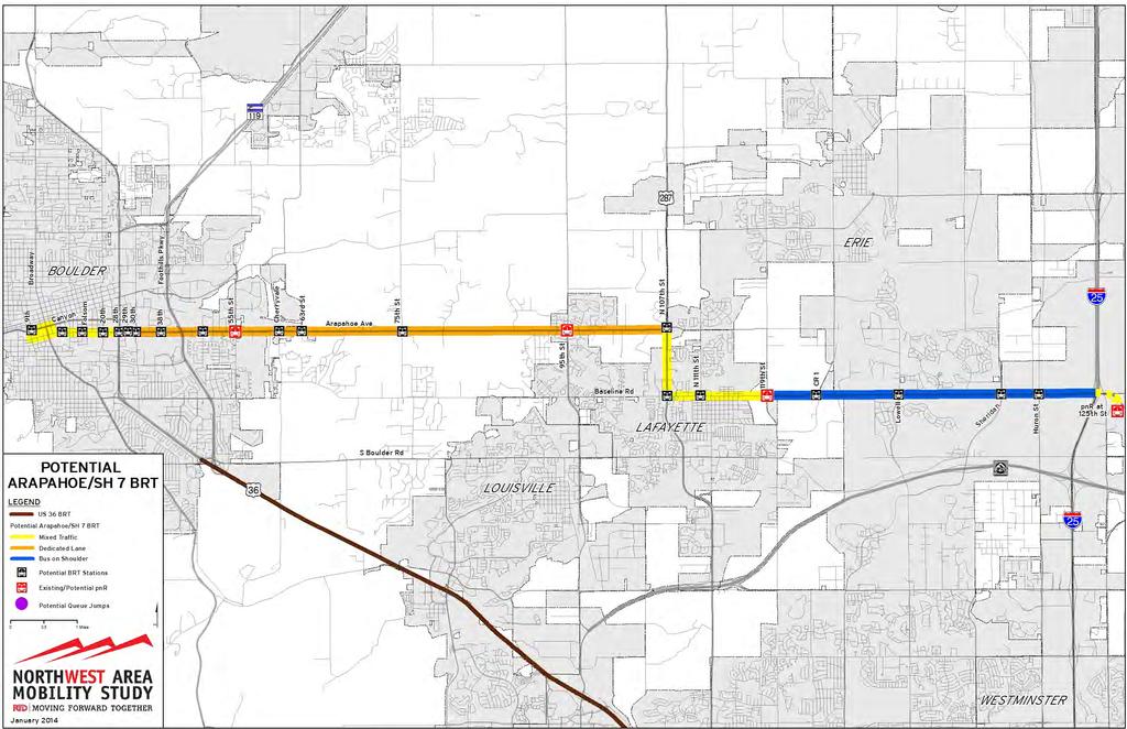 ARAPAHOE/SH 7 BRT AT A GLANCE Starts/Ends: 9th Street in Boulder to I-25 (with potential extension to North Metro Rail 124th-Eastlake Station) Length: 17.