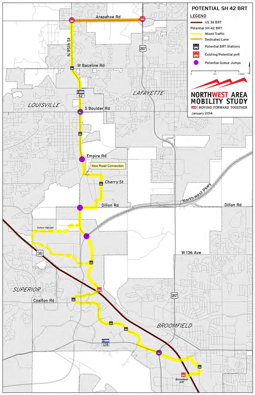 SH 42 BRT AT A GLANCE Starts/Ends: US 287/Arapahoe Road to US 36 / Broomfield Park-n-Ride Length: 13 miles (11% in dedicated lanes) 2035 Travel Time (Start to End): 38 minutes (1 minute