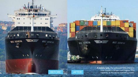 Source: MSC Source: CMA CGM Figure 3-5. (Left) MSC s Widened Ship before and after; (Right) CMA-CGM 10,000 TEU Danube Class Vessel Channel size and depth of water are not the only issues for ports.