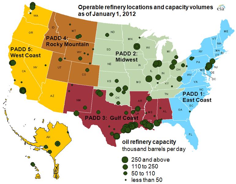 using multiple modes of transportation. Source: Energy Information Administration (EIA) Figure 3-7. U.S. Refinery Locations and Capacity Volumes Source: EIA Figure 3-8.