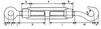 Turnbuckles Turnbuckles Drop Forged Made to DIN1480 specifications Dimensions A B H I J K L M N O Eye/Eye Hook/Eye Length In A Length Out B Length In A Length Out B [mm] [mm] [mm] [mm] [mm] [mm] [mm