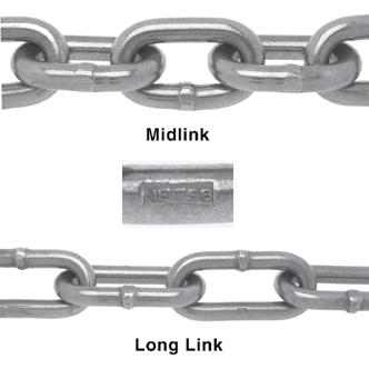 Long Link 3.15 in 0.97 in 12000 lb 300 ft 570 lb 5/8 in 0407612* Long Link 3.71 in 1.00 in 18100 lb 150 ft 473 lb 3/4 in 0407712 190476 Long Link 3.99 in 1.