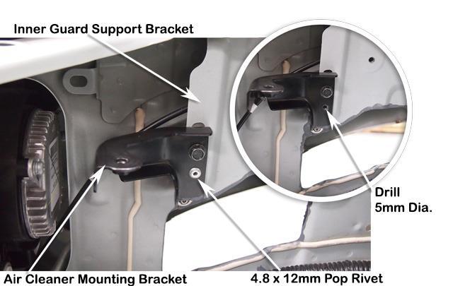 Deburr and paint the hole and cut edge of the bracket to prevent rust. 15 Install the air cleaner mounting bracket, fasten to the inner guard support bracket using the standard mounting bolt.