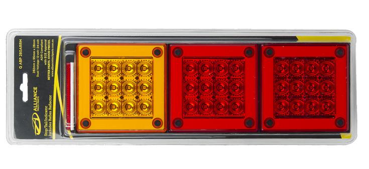 Q ABP 280ARRM - Small Vehicle/Trailer Lamp New design mini jumbo Includes red reflector* Function Stop/Tail/Indicator Size 282mm x 95mm x 28mm LED Qty 36 Cable 1.2m Draw Stop Tail Ind @13.8V 0.30A 0.