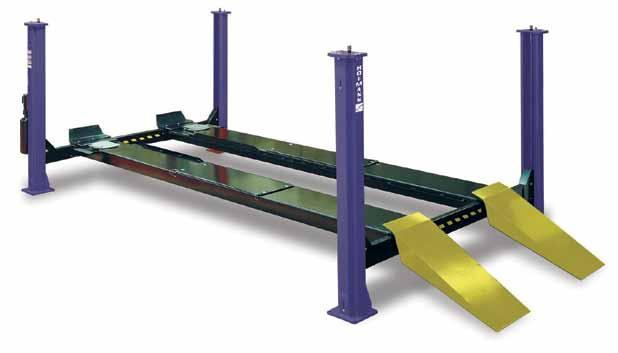 HOFMANN 18K 4-POST LIFTS Alignment level at 21 positions or flat deck version for multipurpose vehicle servicing. Factory-installed air kit for optional Roller Jacks and air tools.