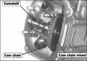 Remove the camshaft holder and dowel pin. Remove the cam chain wheel from the cam chain, and remove the camshaft. CAMSHAFT INSPECTION Inspect if the camshaft bearings for play.