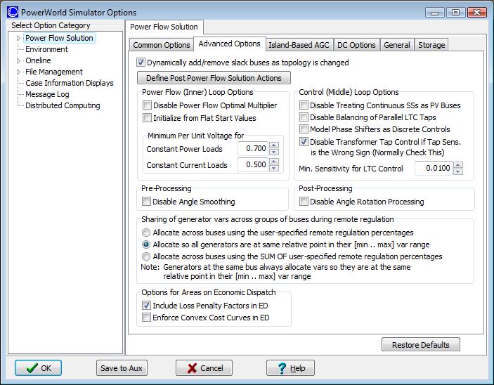 To customize the power flow solution, go to the Options ribbon tab and select Simulator Options Power Flow
